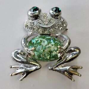 Silver tone Frog with green Rhinestones